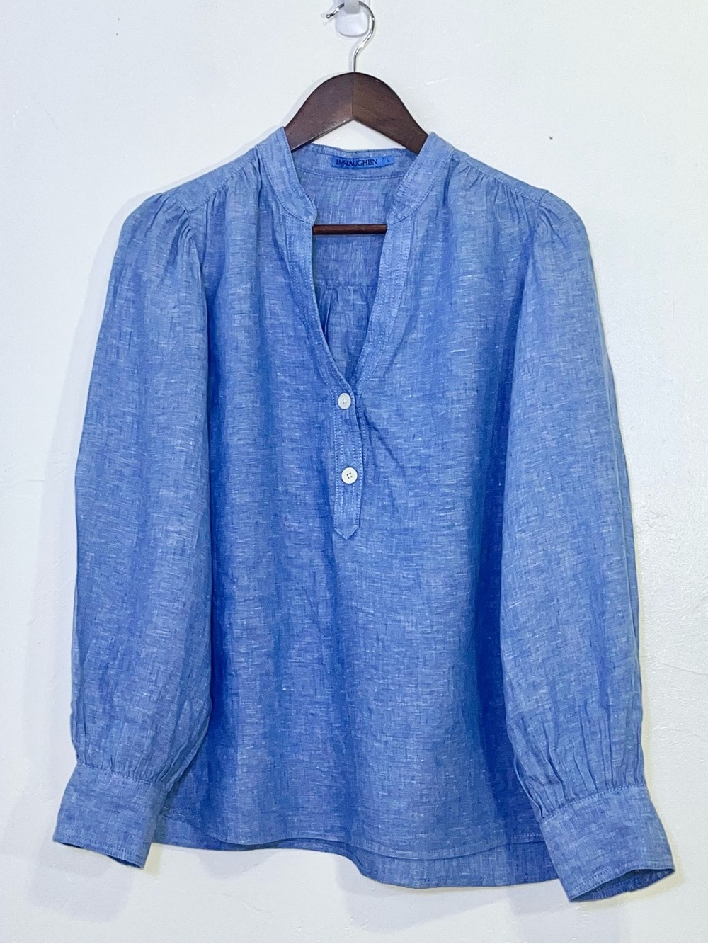 J McLaughlin Rashell Linen Blouse Blue Split V-Neck Puff Lantern Sleeve Top L - Picture 2 of 9
